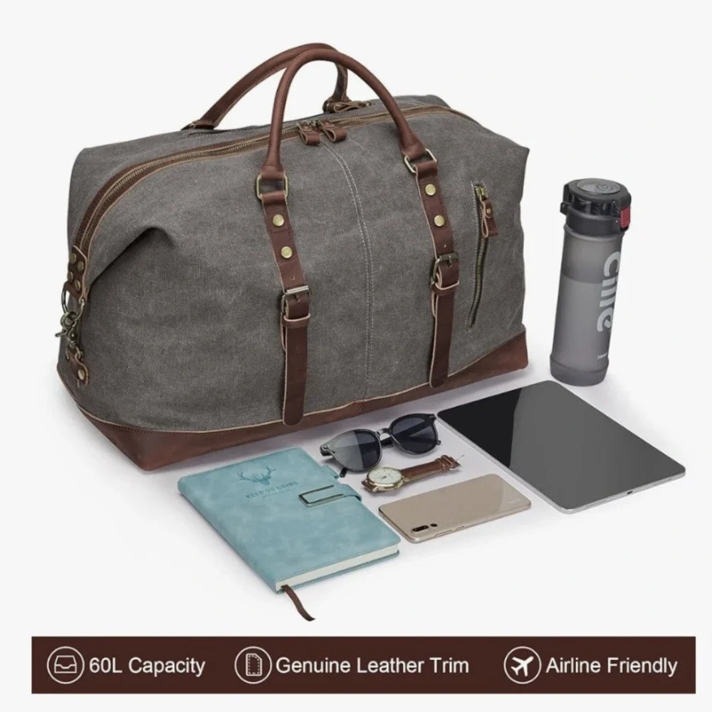 S-ZONE Travel Canvas Carry on Weekender Gray and Brown Men's Duffle Bag